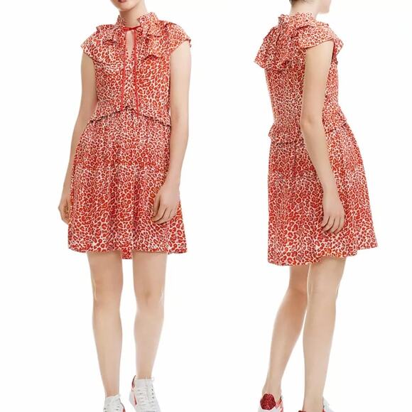 Maje Rutti Ruffled Leopard-Print Mini Dress in Red Orange Size Small - Picture 2 of 13